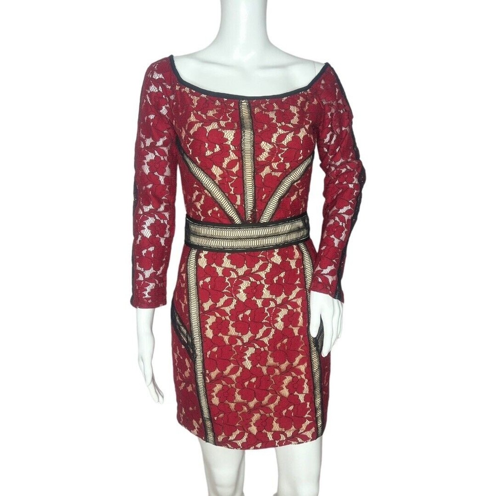 Red Lace Sheath Dress with Gold Trim